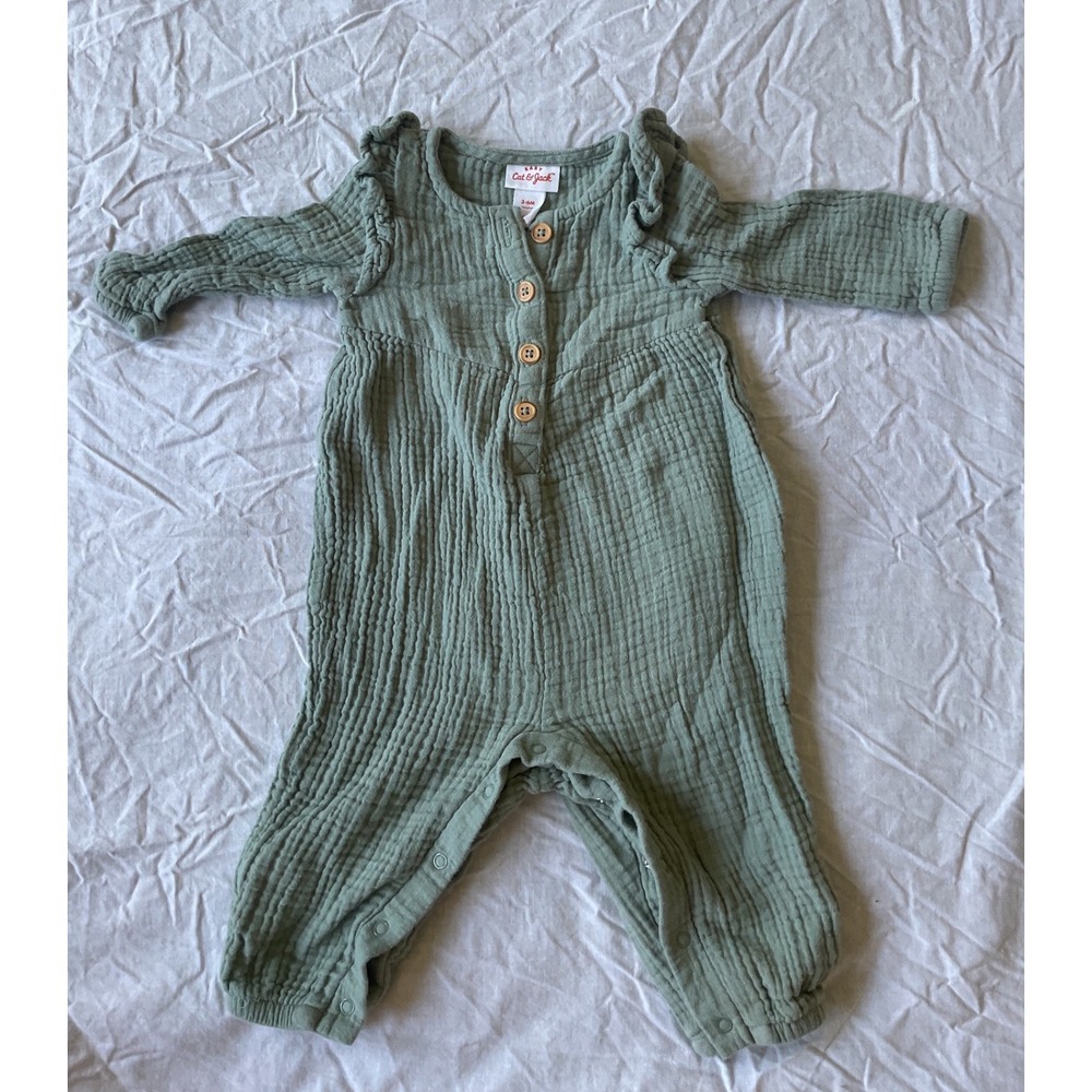 Cat & Jack Baby Girls Sage Green Cotton Gauze Ruffle Romper 3-6M One Piece